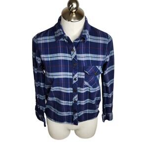 Check & Stripe Flannel Button Up Shirt Women's Medium Blue‎